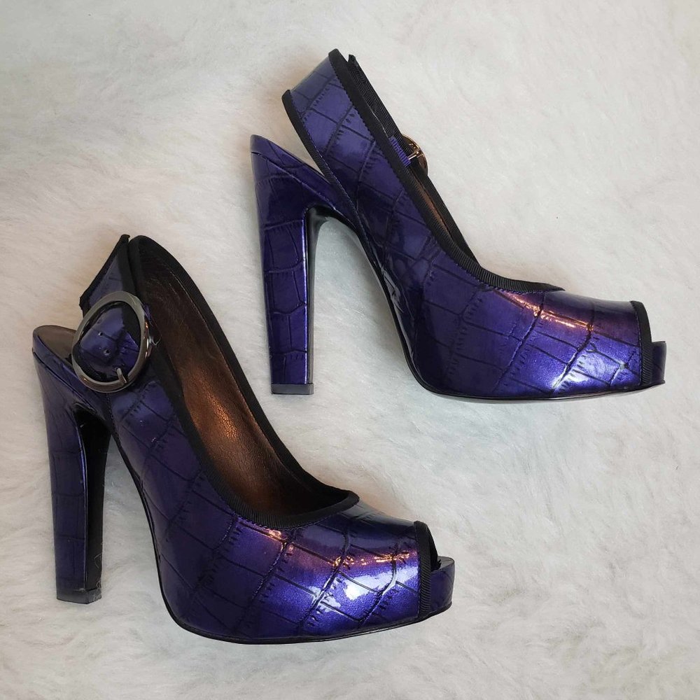 JESSICA SIMPSON Dover Purple Croc Platform Slingback Buckle Peep Toe Shoes - 6B